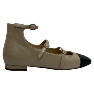 Chanel CC Ankle Strap Mary Jane Ballet Flats in Beige Leather